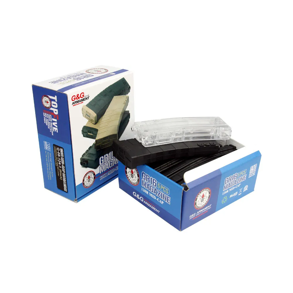 5er Pack Magazin M4 Midcap in Black (120 BBs) G&G + 1x Magazine Style 420R Speedloader (Transparent)