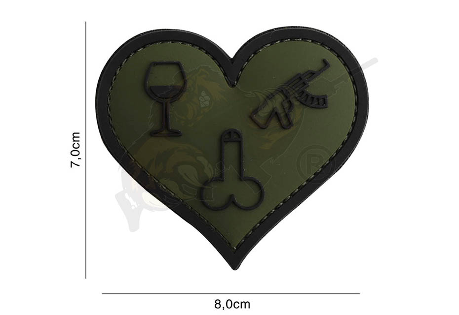3D Rubber Patch Love, Wine, Dicks and Guns - Oliv