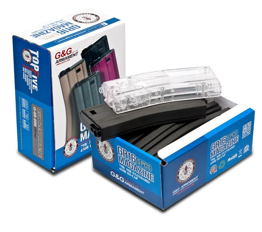 5er Pack Magazin GR16 RealCap in Black (30 BBs) G&G + 1x Magazine Style 420R Speedloader (Transparent)